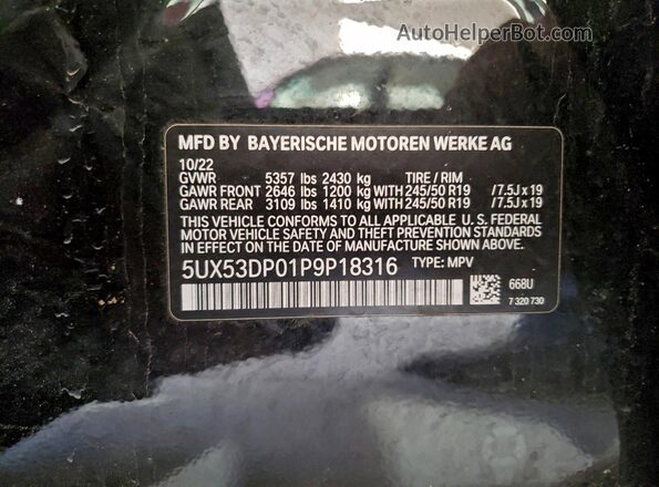 5UX53DP01P9P18316 2023 BMW X3 Black VIN კოდის სტიკერის ხედი