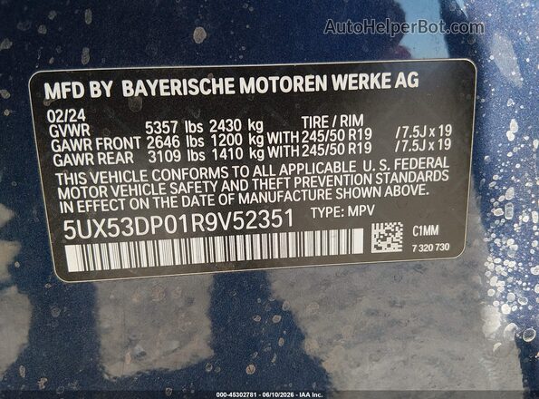 5UX53DP01R9V52351 2024 BMW X3 Blue Вид підкапотного простору
