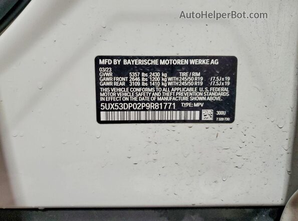 5UX53DP02P9R81771 2023 BMW X3 White VIN sticker view