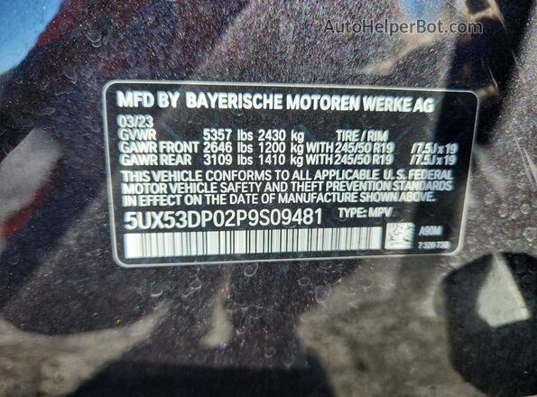 5UX53DP02P9S09481 2023 BMW X3 Charcoal VIN sticker view