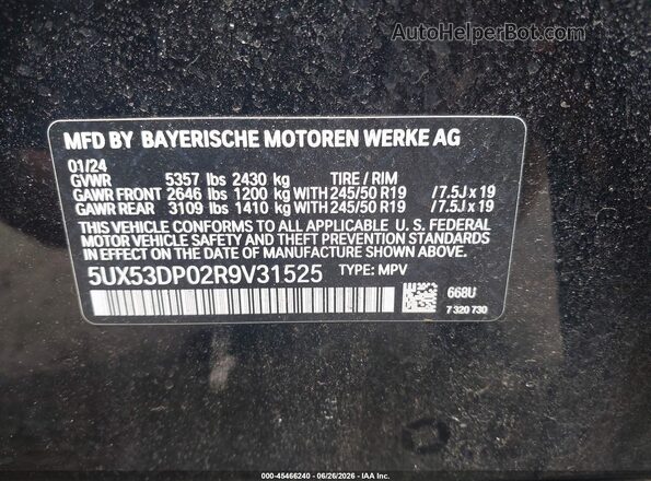 5UX53DP02R9V31525 2024 BMW X3 Black Engine compartment view