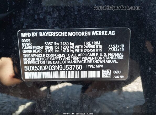 5UX53DP03N9J53760 2022 BMW X3 Black Widok komory silnika
