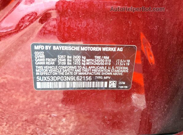 5UX53DP03N9L62156 2022 BMW X3 Burgundy VIN კოდის სტიკერის ხედი