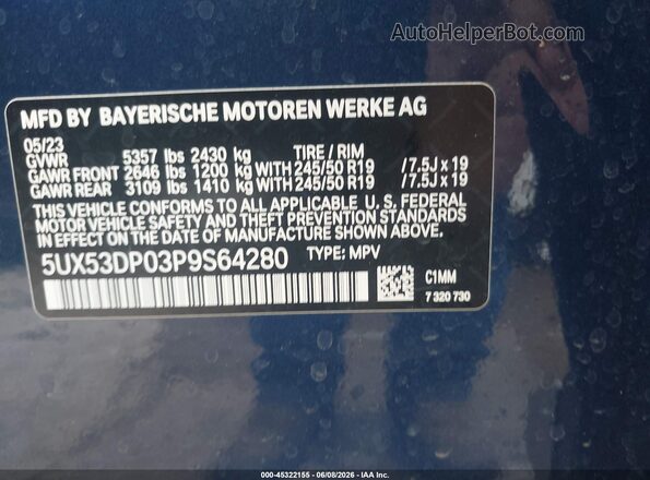 5UX53DP03P9S64280 2023 BMW X3 Blue ძრავის განყოფილების ხედი