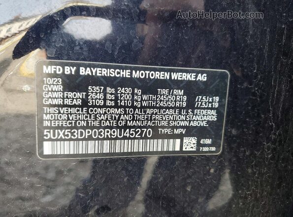 5UX53DP03R9U45270 2024 BMW X3 Blue Vista de la etiqueta del VIN