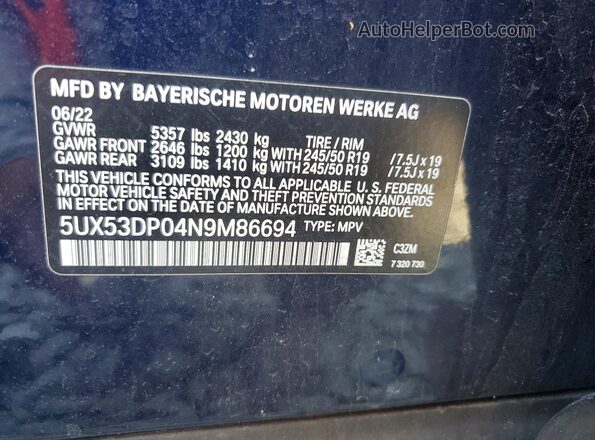 5UX53DP04N9M86694 2022 BMW X3 Blue Widok naklejki z numerem VIN