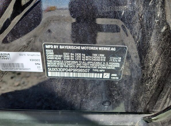 5UX53DP04P9R98507 2023 BMW X3 Gray VIN sticker view