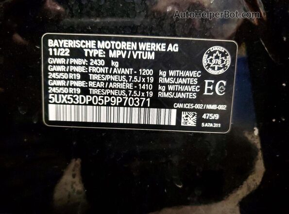 5UX53DP05P9P70371 2023 BMW X3 Black VIN sticker view