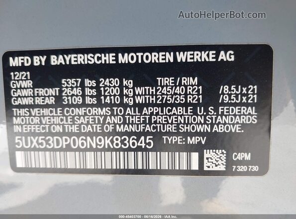 5UX53DP06N9K83645 2022 BMW X3 Gray Widok komory silnika