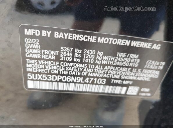 5UX53DP06N9L47103 2022 BMW X3 Black Widok komory silnika