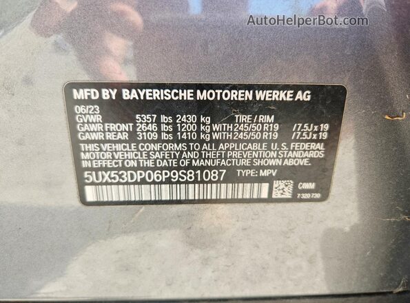 5UX53DP06P9S81087 2023 BMW X3 Серый Вид наклейки с VIN-кодом
