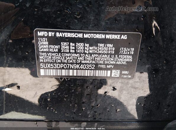 5UX53DP07N9K40352 2022 BMW X3 Черный Вид подкапотного пространства