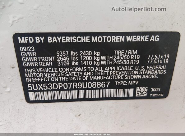 5UX53DP07R9U08867 2024 BMW X3 White Շարժիչի բաժամունքի տեսք