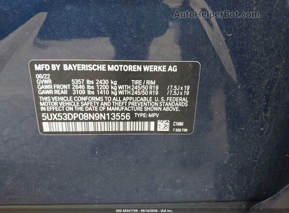 5UX53DP08N9N13556 2022 BMW X3 Синий Вид подкапотного пространства