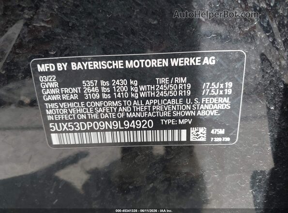 5UX53DP09N9L94920 2022 BMW X3 Black 