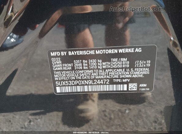 5UX53DP0XN9L24472 2022 BMW X3 Gray Vista del compartimento del motor