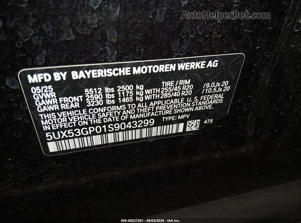 5UX53GP01S9043299 2025 BMW X3 Black Շարժիչի բաժամունքի տեսք