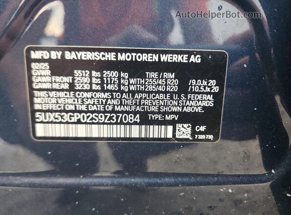 5UX53GP02S9Z37084 2025 BMW X3 Blue Vista de la etiqueta del VIN