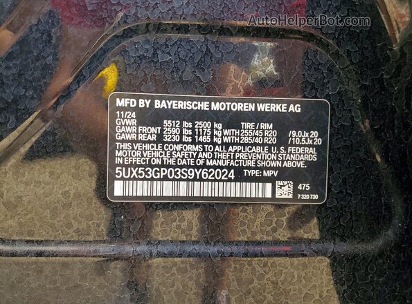5UX53GP03S9Y62024 2025 BMW X3 Black VIN კოდის სტიკერის ხედი