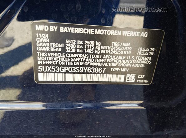 5UX53GP03S9Y63867 2025 BMW X3 Blue ძრავის განყოფილების ხედი