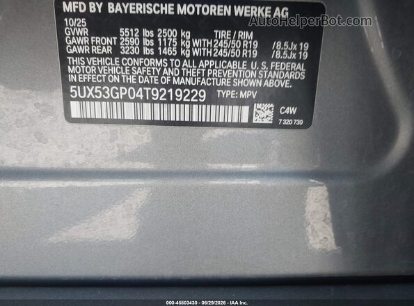 5UX53GP04T9219229 2026 BMW X3 Gray Engine compartment view
