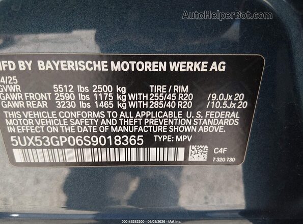 5UX53GP06S9018365 2025 BMW X3 Blue ძრავის განყოფილების ხედი