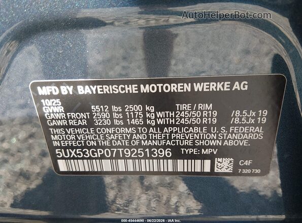 5UX53GP07T9251396 2026 BMW X3 Blue ძრავის განყოფილების ხედი