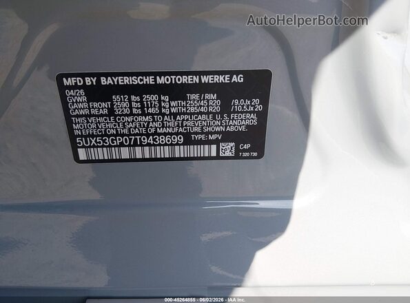 5UX53GP07T9438699 2026 BMW X3 Gray Widok komory silnika