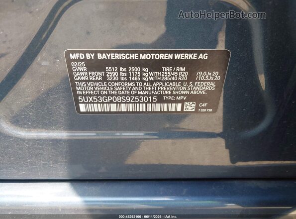 5UX53GP08S9Z53015 2025 BMW X3 Blue Engine compartment view