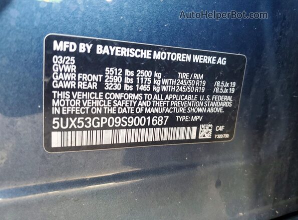 5UX53GP09S9001687 2025 BMW X3 Blue Widok naklejki z numerem VIN