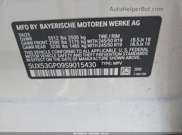 5UX53GP09S9015430 2025 BMW X3 White ძრავის განყოფილების ხედი