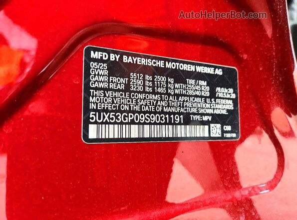 5UX53GP09S9031191 2025 BMW X3 Red VIN კოდის სტიკერის ხედი