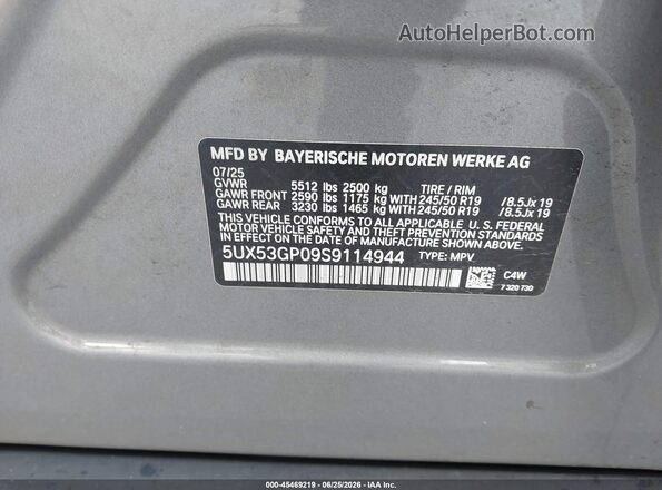 5UX53GP09S9114944 2025 BMW X3 Серый Вид подкапотного пространства