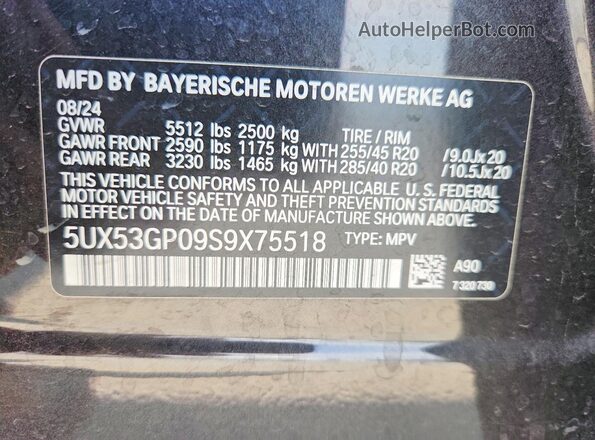 5UX53GP09S9X75518 2025 BMW X3 Black Vista de la etiqueta del VIN