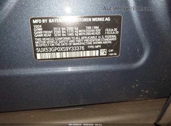 5UX53GP0XS9Y33376 2025 BMW X3 Blue Engine compartment view