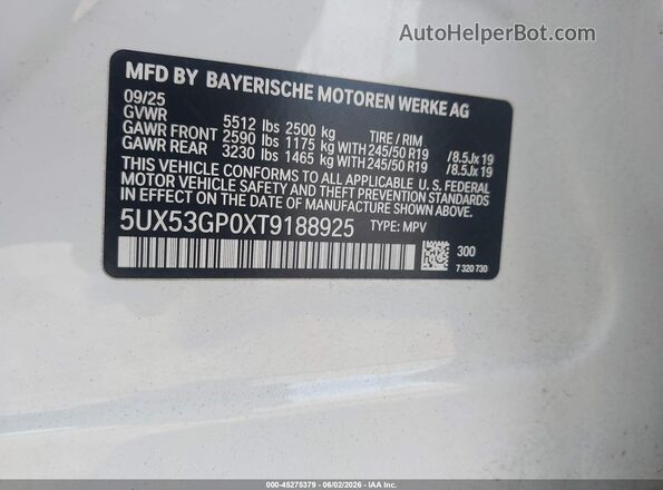 5UX53GP0XT9188925 2026 BMW X3 White Շարժիչի բաժամունքի տեսք