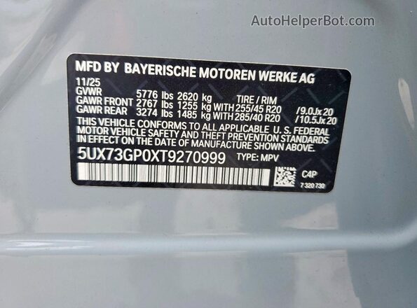 5UX73GP0XT9270999 2026 BMW X3 Gray VIN sticker view