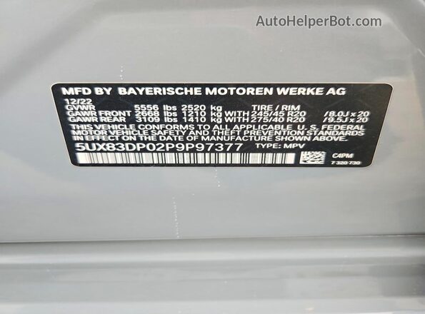 5UX83DP02P9P97377 2023 BMW X3 Gray VIN sticker view