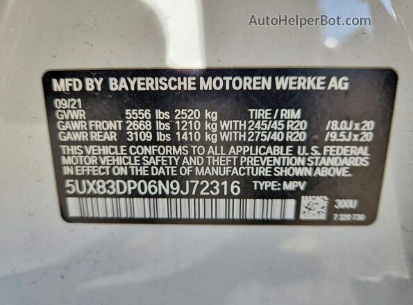 5UX83DP06N9J72316 2022 BMW X3 Белый Вид наклейки с VIN-кодом