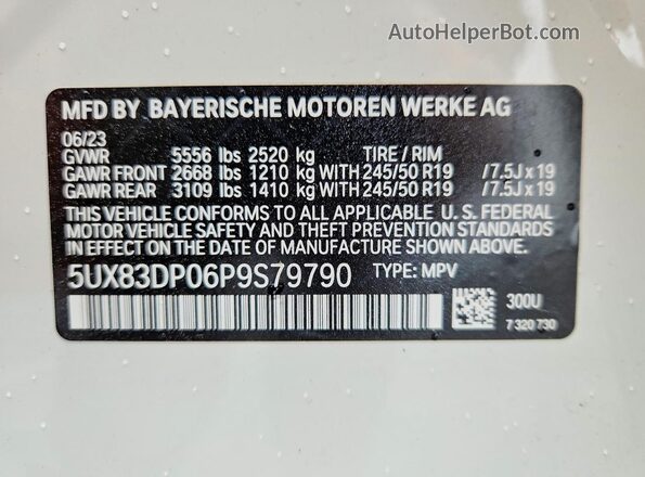 5UX83DP06P9S79790 2023 BMW X3 White VIN կոդի պիտակի տեսք