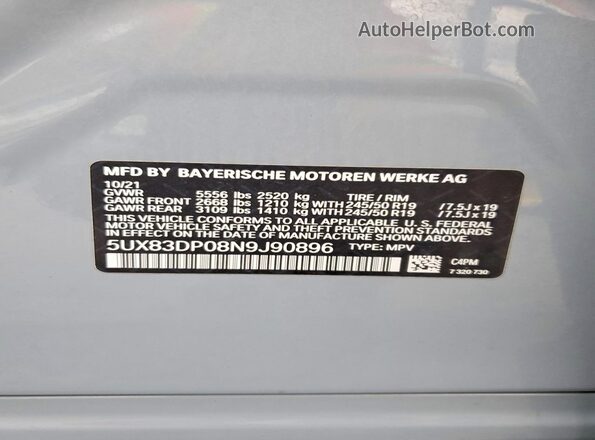 5UX83DP08N9J90896 2022 BMW X3 Blue Widok naklejki z numerem VIN