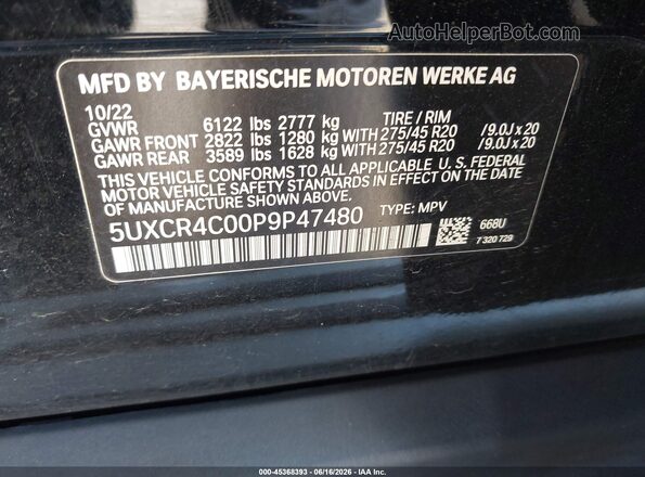 5UXCR4C00P9P47480 2023 BMW X5 Black ძრავის განყოფილების ხედი