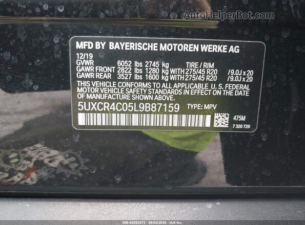 5UXCR4C05L9B87159 2020 BMW X5 Black 
