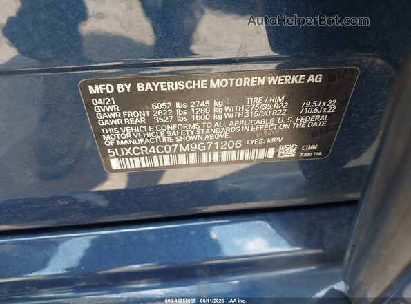 5UXCR4C07M9G71206 2021 BMW X5 Blue Вид підкапотного простору