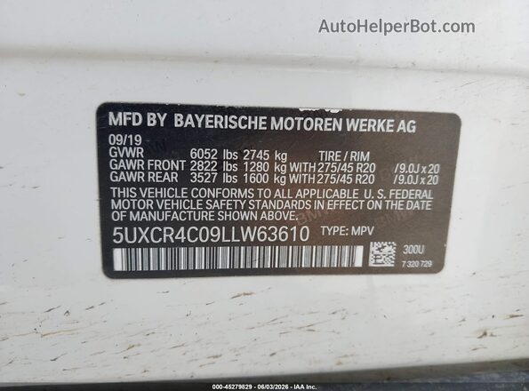 5UXCR4C09LLW63610 2020 BMW X5 White Engine compartment view
