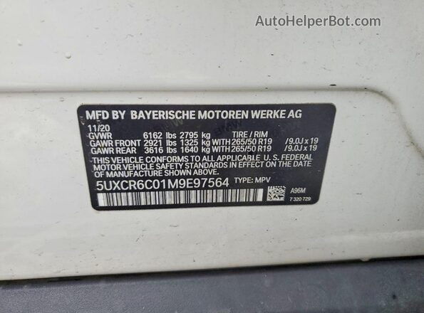 5UXCR6C01M9E97564 2021 BMW X5 White VIN კოდის სტიკერის ხედი