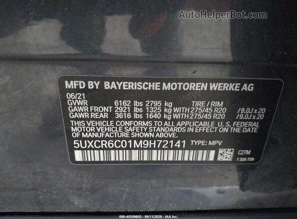 5UXCR6C01M9H72141 2021 BMW X5 Black Vista del compartimento del motor