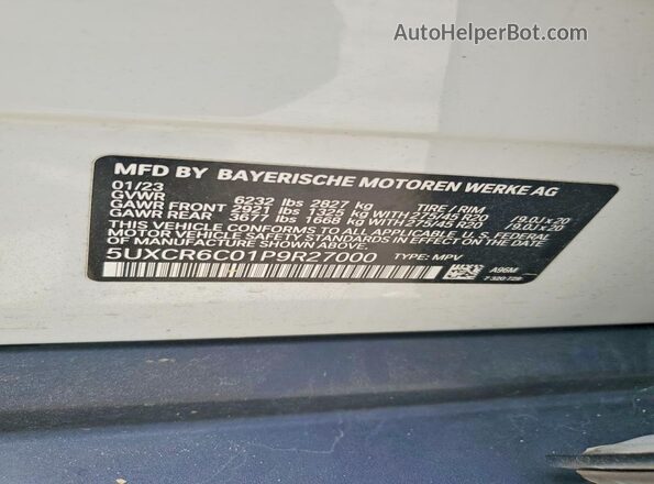 5UXCR6C01P9R27000 2023 BMW X5 Белый Панорамный вид салона 360°
