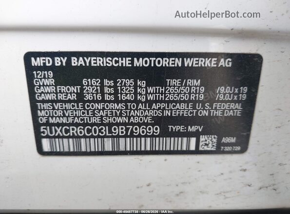 5UXCR6C03L9B79699 2020 BMW X5 White Widok komory silnika