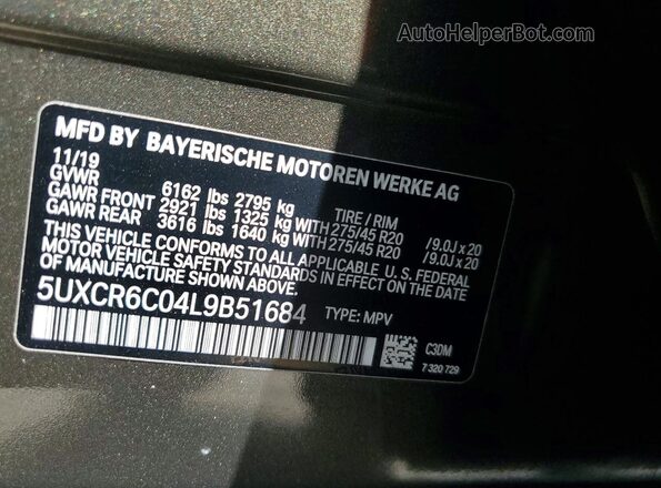 5UXCR6C04L9B51684 2020 BMW X5 Зеленый Вид наклейки с VIN-кодом